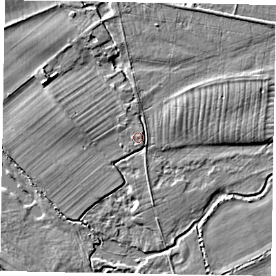 Shaded relief map of the ground around SL46QD, computed from Environment Agency LiDAR. The ground here sits at about 21 m above sea level and falls 4 m across the surrounding 800 m. Surface water reaching this point runs off ground lying to the north-east, 1.3 m higher.