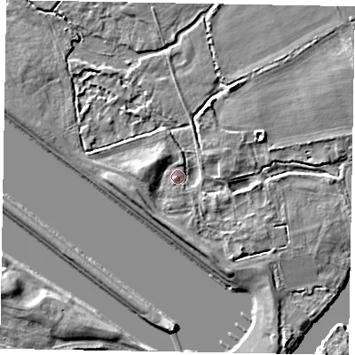 Shaded relief map of the ground around SL46QE, computed from Environment Agency LiDAR. The ground here sits at about 21 m above sea level and falls 5 m across the surrounding 800 m. Surface water reaching this point runs off ground lying to the south-south-east, 3.3 m higher.
