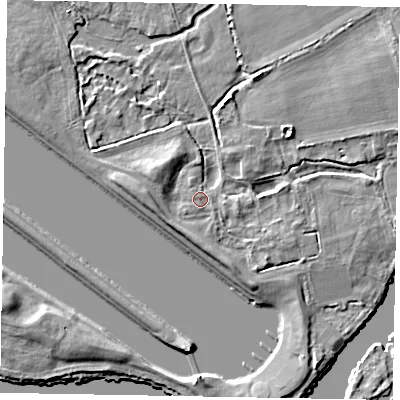 Shaded relief map of the ground around SL46QF, computed from Environment Agency LiDAR. The ground here sits at about 21 m above sea level and falls 5 m across the surrounding 800 m. Surface water reaching this point runs off ground lying to the south, 0.7 m higher.
