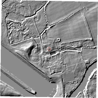 Shaded relief map of the ground around SL46QG, computed from Environment Agency LiDAR. The ground here sits at about 22 m above sea level and falls 5 m across the surrounding 800 m. Surface water reaching this point runs off ground lying to the north, 1.4 m higher.