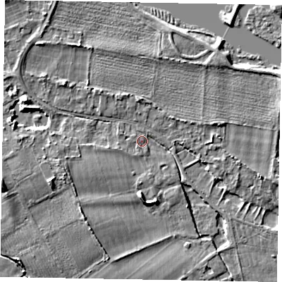 Shaded relief map of the ground around SL46QH, computed from Environment Agency LiDAR. The ground here sits at about 21 m above sea level and falls 6 m across the surrounding 800 m. Surface water reaching this point runs off ground lying to the south, 5.1 m higher.