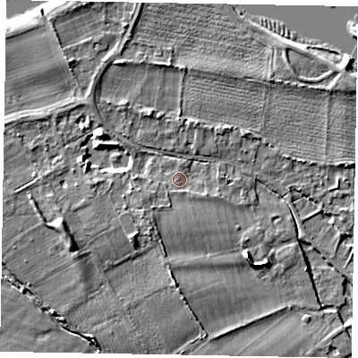 Shaded relief map of the ground around SL46QJ, computed from Environment Agency LiDAR. The ground here sits at about 22 m above sea level and falls 6 m across the surrounding 800 m. Surface water reaching this point runs off ground lying to the east-south-east, 1.5 m higher.