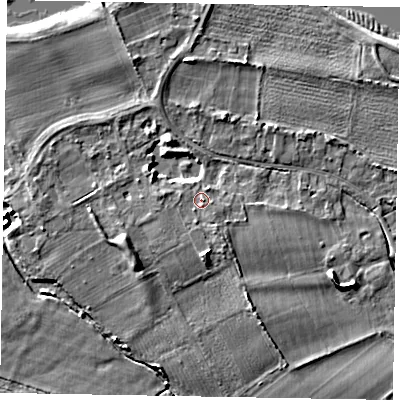 Shaded relief map of the ground around SL46QL, computed from Environment Agency LiDAR. The ground here sits at about 22 m above sea level and falls 6 m across the surrounding 800 m. Surface water reaching this point runs off ground lying to the south-west, 3.0 m higher.