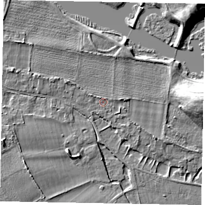 Shaded relief map of the ground around SL46QN, computed from Environment Agency LiDAR. The ground here sits at about 22 m above sea level and falls 13 m across the surrounding 800 m. Surface water reaching this point runs off ground lying to the east-north-east, 1.0 m higher.