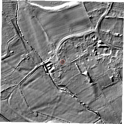 Shaded relief map of the ground around SL46QP, computed from Environment Agency LiDAR. The ground here sits at about 23 m above sea level and falls 6 m across the surrounding 800 m. Surface water reaching this point runs off ground lying to the west, 0.9 m higher.