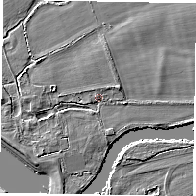 Shaded relief map of the ground around SL46QQ, computed from Environment Agency LiDAR. The ground here sits at about 21 m above sea level and falls 4 m across the surrounding 800 m. Surface water reaching this point runs off ground lying to the west-north-west, 3.4 m higher.