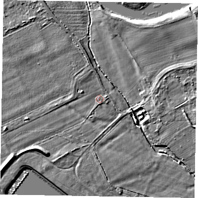 Shaded relief map of the ground around SL46QR, computed from Environment Agency LiDAR. The ground here sits at about 22 m above sea level and falls 6 m across the surrounding 800 m. Surface water reaching this point runs off ground lying to the north-west, 1.2 m higher.