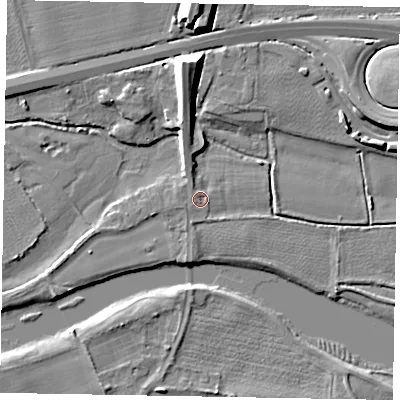 Shaded relief map of the ground around SL46QS, computed from Environment Agency LiDAR. The ground here sits at about 22 m above sea level and falls 12 m across the surrounding 800 m. Surface water reaching this point runs off ground lying to the south-south-west, 1.0 m higher.