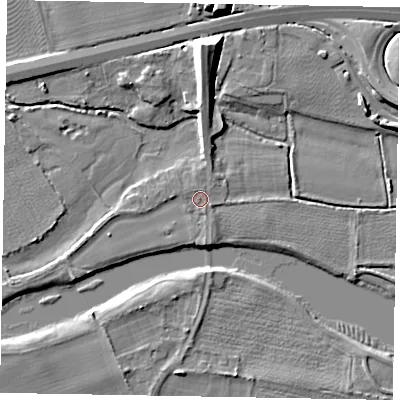 Shaded relief map of the ground around SL46QT, computed from Environment Agency LiDAR. The ground here sits at about 23 m above sea level and falls 12 m across the surrounding 800 m. Surface water reaching this point runs off ground lying to the west-south-west, 1.5 m higher.