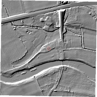Shaded relief map of the ground around SL46QU, computed from Environment Agency LiDAR. The ground here sits at about 23 m above sea level and falls 12 m across the surrounding 800 m. Surface water reaching this point runs off ground lying to the south-west, 1.5 m higher.