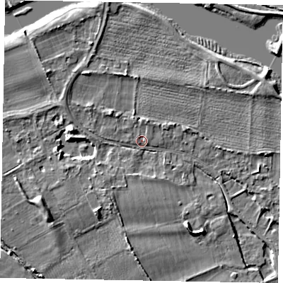 Shaded relief map of the ground around SL46QW, computed from Environment Agency LiDAR. The ground here sits at about 21 m above sea level and falls 6 m across the surrounding 800 m. Surface water reaching this point runs off ground lying to the south-west, 4.7 m higher.
