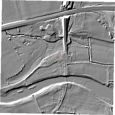 Shaded relief map of the ground around SL46QX, computed from Environment Agency LiDAR. The ground here sits at about 23 m above sea level and falls 12 m across the surrounding 800 m. Surface water reaching this point runs off ground lying to the east-north-east, 0.6 m higher.