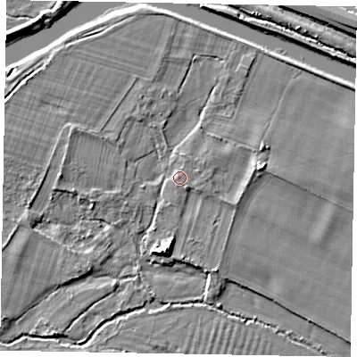 Shaded relief map of the ground around SL46QY, computed from Environment Agency LiDAR. The ground here sits at about 21 m above sea level and falls 7 m across the surrounding 800 m. Surface water reaching this point runs off ground lying to the north-west, 1.1 m higher.