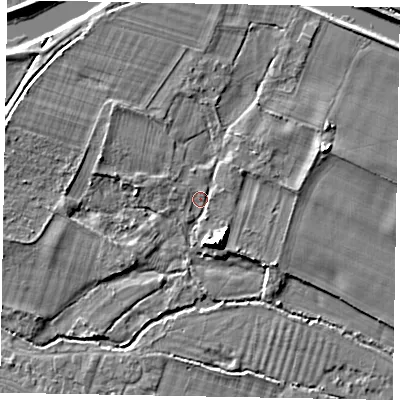 Shaded relief map of the ground around SL46QZ, computed from Environment Agency LiDAR. The ground here sits at about 20 m above sea level and falls 7 m across the surrounding 800 m. Surface water reaching this point runs off ground lying to the south-south-east, 6.2 m higher.