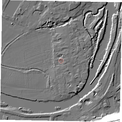 Shaded relief map of the ground around SL46RA, computed from Environment Agency LiDAR. The ground here sits at about 20 m above sea level and falls 37 m across the surrounding 800 m. Surface water reaching this point runs off ground lying to the east, 1.1 m higher.