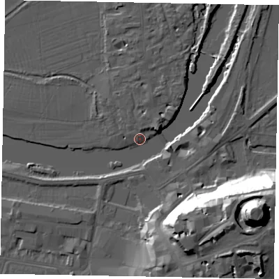 Shaded relief map of the ground around SL46RF, computed from Environment Agency LiDAR. The ground here sits at about 19 m above sea level and falls 48 m across the surrounding 800 m. Surface water reaching this point runs off ground lying to the east-south-east, 3.7 m higher.