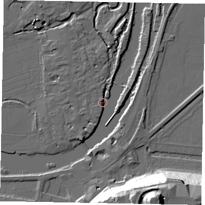 Shaded relief map of the ground around SL46RH, computed from Environment Agency LiDAR. The ground here sits at about 19 m above sea level and falls 48 m across the surrounding 800 m. Surface water reaching this point runs off ground lying to the south-south-west, 5.6 m higher.