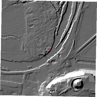 Shaded relief map of the ground around SL46SA, computed from Environment Agency LiDAR. The ground here sits at about 20 m above sea level and falls 48 m across the surrounding 800 m. Surface water reaching this point runs off ground lying to the south-south-west, 5.6 m higher.