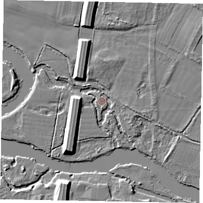 Shaded relief map of the ground around SL46SS, computed from Environment Agency LiDAR. The ground here sits at about 20 m above sea level and falls 9 m across the surrounding 800 m. Surface water reaching this point runs off ground lying to the south-west, 7.7 m higher.