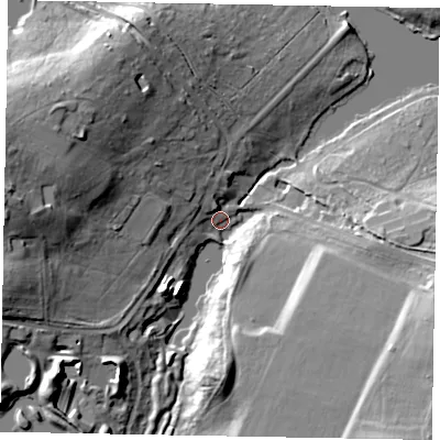 Shaded relief map of the ground around SL50PU, computed from Environment Agency LiDAR. The ground here sits at about 38 m above sea level and falls 22 m across the surrounding 800 m. Surface water reaching this point runs off ground lying to the west, 21.4 m higher.