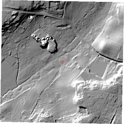 Shaded relief map of the ground around SL57DH, computed from Environment Agency LiDAR. The ground here sits at about 54 m above sea level and falls 28 m across the surrounding 800 m. Surface water reaching this point runs off ground lying to the south-east, 23.9 m higher.