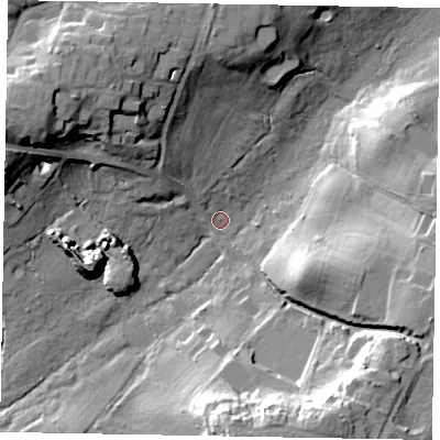 Shaded relief map of the ground around SL57DJ, computed from Environment Agency LiDAR. The ground here sits at about 52 m above sea level and falls 29 m across the surrounding 800 m. Surface water reaching this point runs off ground lying to the south, 25.9 m higher.