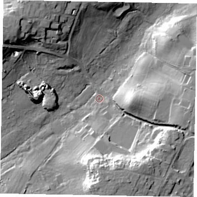 Shaded relief map of the ground around SL57DL, computed from Environment Agency LiDAR. The ground here sits at about 53 m above sea level and falls 29 m across the surrounding 800 m. Surface water reaching this point runs off ground lying to the south, 25.9 m higher.
