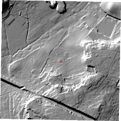 Shaded relief map of the ground around SL57DQ, computed from Environment Agency LiDAR. The ground here sits at about 61 m above sea level and falls 29 m across the surrounding 800 m. Surface water reaching this point runs off ground lying to the south-south-west, 9.8 m higher.