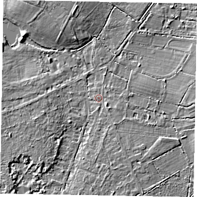 Shaded relief map of the ground around SL57LX, computed from Environment Agency LiDAR. The ground here sits at about 65 m above sea level and falls 6 m across the surrounding 800 m. Surface water reaching this point runs off ground lying to the south, 3.2 m higher.