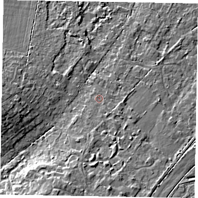 Shaded relief map of the ground around SL57NW, computed from Environment Agency LiDAR. The ground here sits at about 69 m above sea level and falls 11 m across the surrounding 800 m. Surface water reaching this point runs off ground lying to the south-south-west, 6.2 m higher.