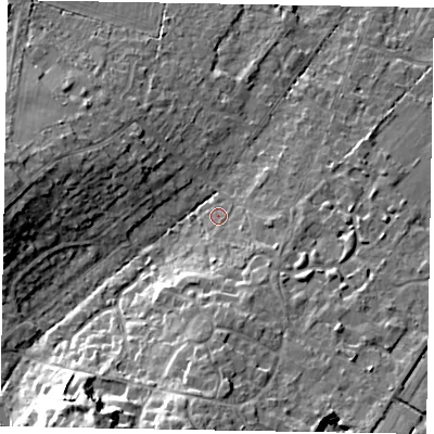 Shaded relief map of the ground around SL57NX, computed from Environment Agency LiDAR. The ground here sits at about 70 m above sea level and falls 18 m across the surrounding 800 m. Surface water reaching this point runs off ground lying to the south-south-east, 5.9 m higher.