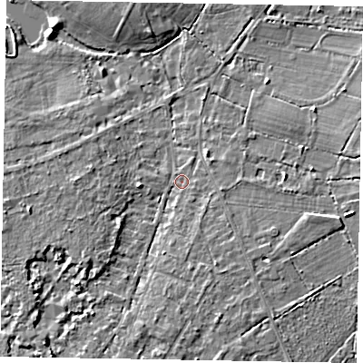 Shaded relief map of the ground around SL57NY, computed from Environment Agency LiDAR. The ground here sits at about 65 m above sea level and falls 6 m across the surrounding 800 m. Surface water reaching this point runs off ground lying to the south-west, 4.4 m higher.