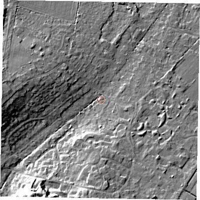 Shaded relief map of the ground around SL57PD, computed from Environment Agency LiDAR. The ground here sits at about 70 m above sea level and falls 18 m across the surrounding 800 m. Surface water reaching this point runs off ground lying to the south-south-west, 16.0 m higher.