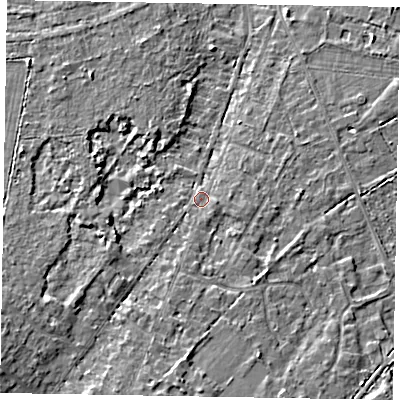 Shaded relief map of the ground around SL57PJ, computed from Environment Agency LiDAR. The ground here sits at about 67 m above sea level and falls 7 m across the surrounding 800 m. Surface water reaching this point runs off ground lying to the south-west, 5.2 m higher.