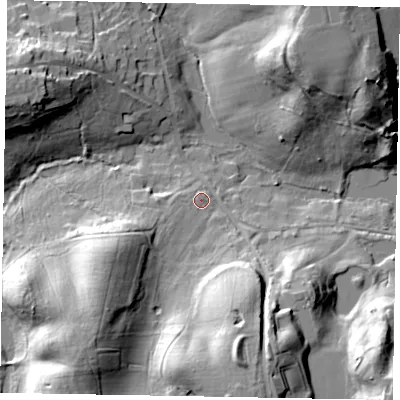 Shaded relief map of the ground around SL57QE, computed from Environment Agency LiDAR. The ground here sits at about 46 m above sea level and falls 27 m across the surrounding 800 m. Surface water reaching this point runs off ground lying to the south-west, 17.6 m higher.