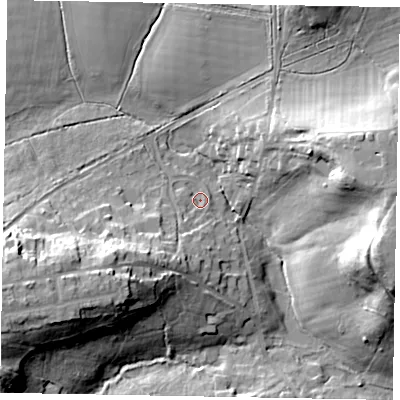 Shaded relief map of the ground around SL57QL, computed from Environment Agency LiDAR. The ground here sits at about 46 m above sea level and falls 24 m across the surrounding 800 m. Surface water reaching this point runs off ground lying to the south-west, 3.0 m higher.