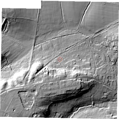 Shaded relief map of the ground around SL57QP, computed from Environment Agency LiDAR. The ground here sits at about 52 m above sea level and falls 24 m across the surrounding 800 m. Surface water reaching this point runs off ground lying to the south-west, 14.3 m higher.