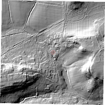 Shaded relief map of the ground around SL57RF, computed from Environment Agency LiDAR. The ground here sits at about 45 m above sea level and falls 24 m across the surrounding 800 m. Surface water reaching this point runs off ground lying to the west-south-west, 20.1 m higher.