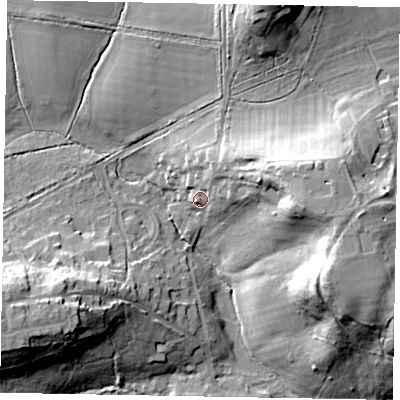 Shaded relief map of the ground around SL57RP, computed from Environment Agency LiDAR. The ground here sits at about 50 m above sea level and falls 24 m across the surrounding 800 m. Surface water reaching this point runs off ground lying to the east-north-east, 15.7 m higher.