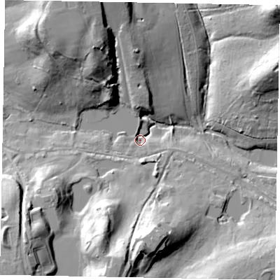 Shaded relief map of the ground around SL57RU, computed from Environment Agency LiDAR. The ground here sits at about 40 m above sea level and falls 32 m across the surrounding 800 m. Surface water reaching this point runs off ground lying to the south-west, 29.9 m higher.