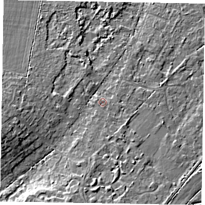 Shaded relief map of the ground around SL57SQ, computed from Environment Agency LiDAR. The ground here sits at about 69 m above sea level and falls 10 m across the surrounding 800 m. Surface water reaching this point runs off ground lying to the south, 5.0 m higher.