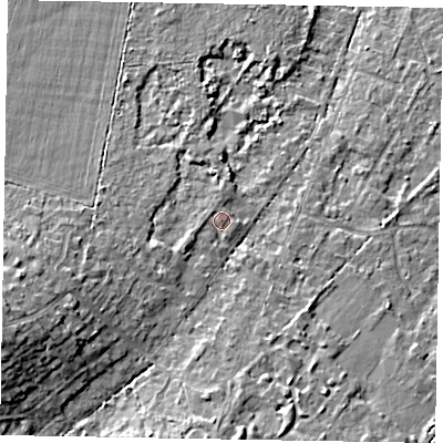 Shaded relief map of the ground around SL58FU, computed from Environment Agency LiDAR. The ground here sits at about 69 m above sea level and falls 12 m across the surrounding 800 m. Surface water reaching this point runs off ground lying to the west-south-west, 1.9 m higher.