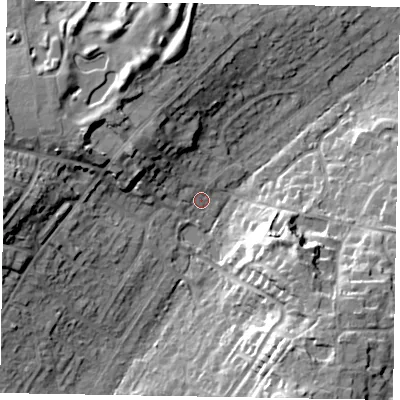 Shaded relief map of the ground around SL58NA, computed from Environment Agency LiDAR. The ground here sits at about 73 m above sea level and falls 22 m across the surrounding 800 m. Surface water reaching this point runs off ground lying to the north-west, 11.2 m higher.