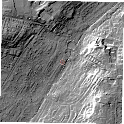 Shaded relief map of the ground around SL58NQ, computed from Environment Agency LiDAR. The ground here sits at about 74 m above sea level and falls 25 m across the surrounding 800 m. Surface water reaching this point runs off ground lying to the west-north-west, 21.6 m higher.