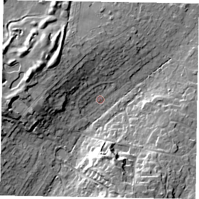 Shaded relief map of the ground around SL58NZ, computed from Environment Agency LiDAR. The ground here sits at about 72 m above sea level and falls 18 m across the surrounding 800 m. Surface water reaching this point runs off ground lying to the west, 12.1 m higher.