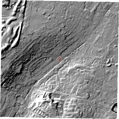 Shaded relief map of the ground around SL58PA, computed from Environment Agency LiDAR. The ground here sits at about 71 m above sea level and falls 19 m across the surrounding 800 m. Surface water reaching this point runs off ground lying to the west, 16.3 m higher.