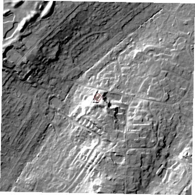 Shaded relief map of the ground around SL58PF, computed from Environment Agency LiDAR. The ground here sits at about 80 m above sea level and falls 22 m across the surrounding 800 m. Surface water reaching this point runs off ground lying to the south-east, 6.7 m higher.