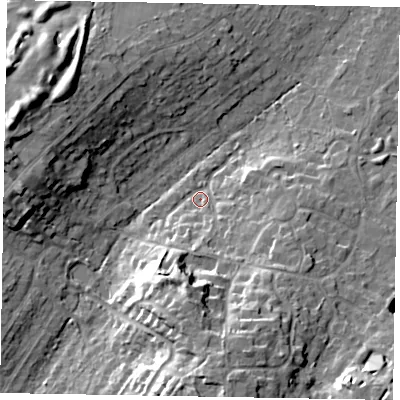 Shaded relief map of the ground around SL58PG, computed from Environment Agency LiDAR. The ground here sits at about 72 m above sea level and falls 19 m across the surrounding 800 m. Surface water reaching this point runs off ground lying to the south, 13.7 m higher.