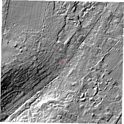 Shaded relief map of the ground around SL58PP, computed from Environment Agency LiDAR. The ground here sits at about 69 m above sea level and falls 13 m across the surrounding 800 m. Surface water reaching this point runs off ground lying to the west-north-west, 3.7 m higher.
