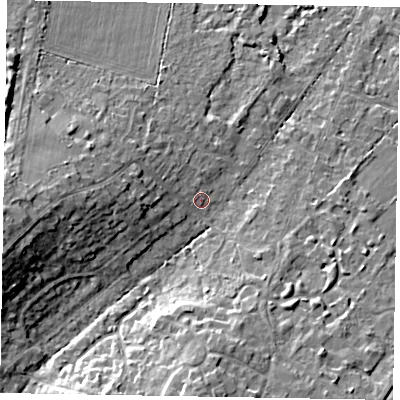 Shaded relief map of the ground around SL58PR, computed from Environment Agency LiDAR. The ground here sits at about 70 m above sea level and falls 14 m across the surrounding 800 m. Surface water reaching this point runs off ground lying to the west-north-west, 1.5 m higher.